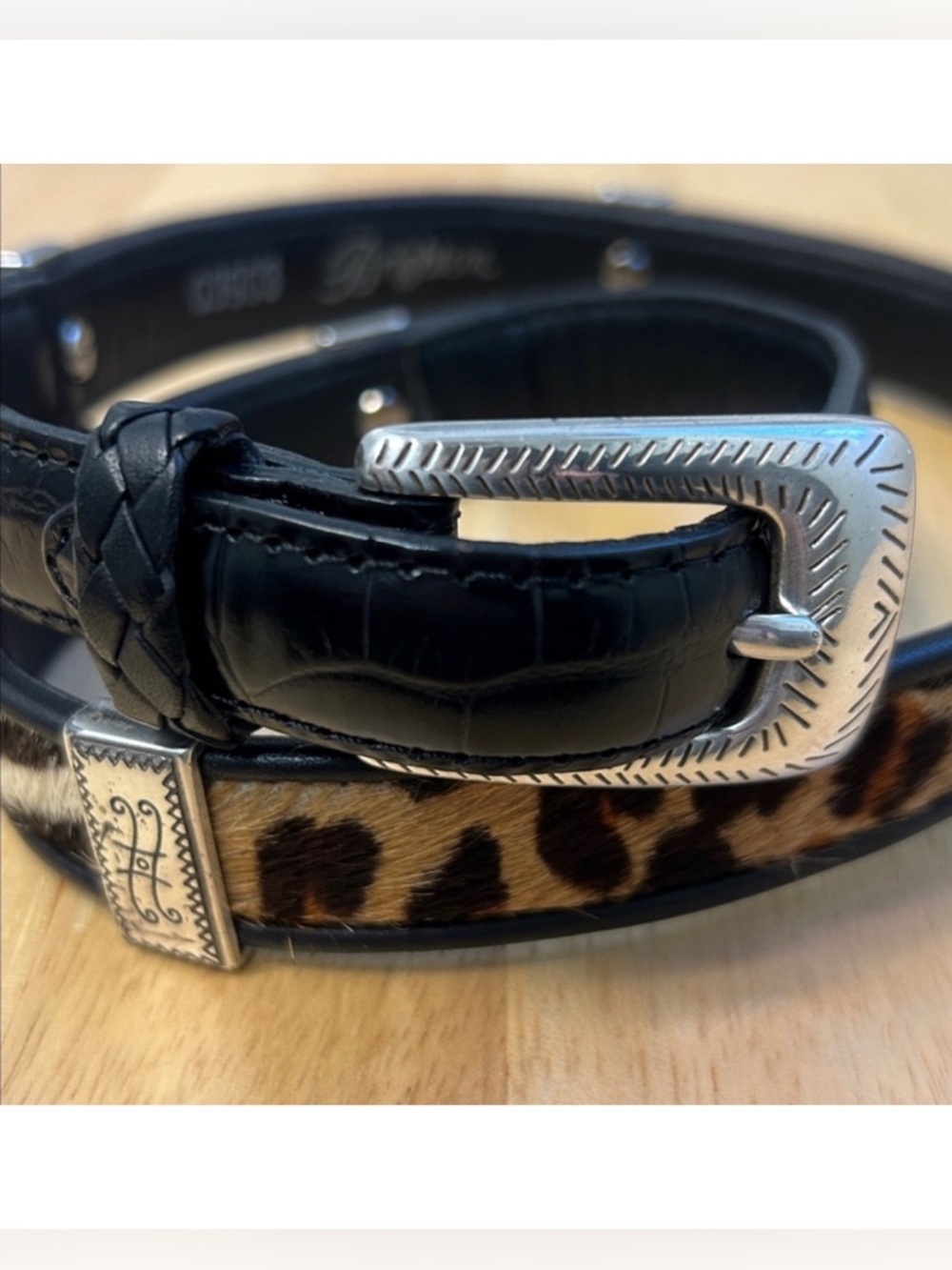 90s Brighton Cow Hair and Black Leather Animal Print Silver Tone Belt 5 Conchos
